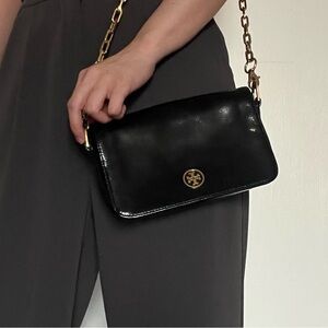 Tory Burch Black Leather Crossbody Bag with Gold Chain